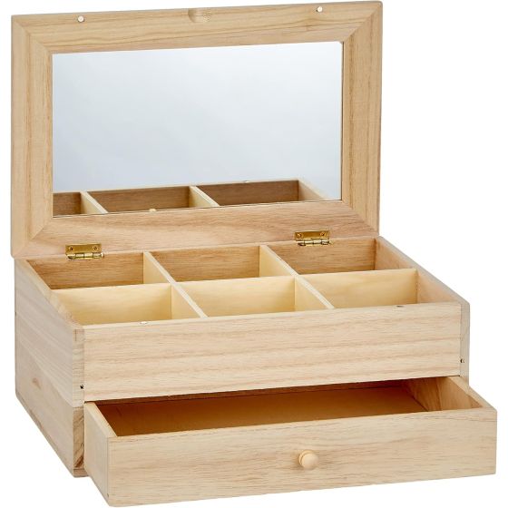 Plain Wooden 6 Compartment Jewellery Box with Mirror and Drawer