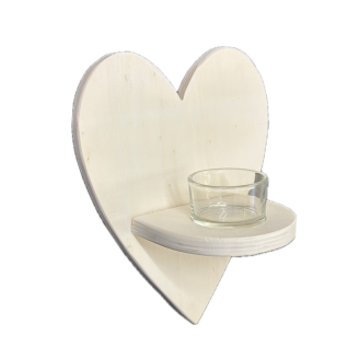 20cm Wooden Heart Plaque Shelf with Glass Tealight Holder